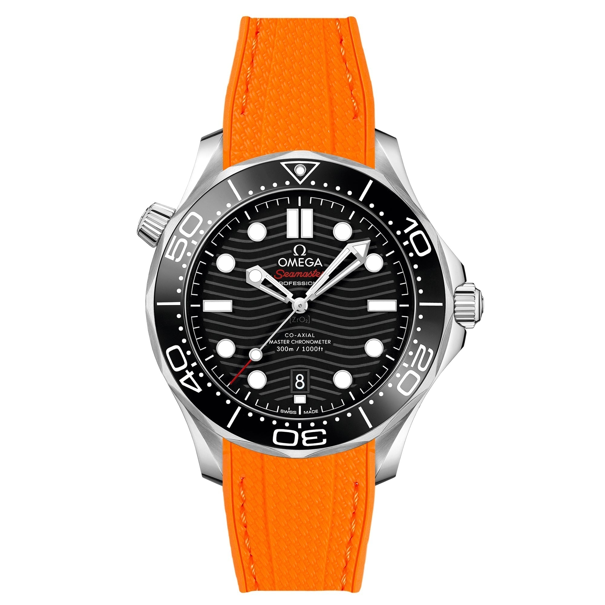 Stunning Orange Textured Curved End Rubber Watch Strap with White Stitch for Omega Seamaster Diver 300M (2405)