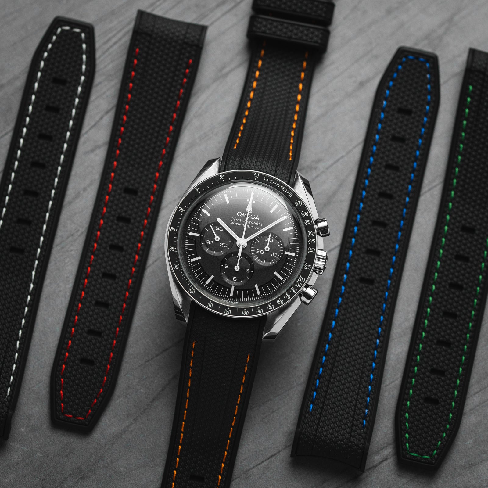 Stunning Textured Curved End Rubber Watch Band for Seiko Alpinist - Black with Green Stitch (2405)