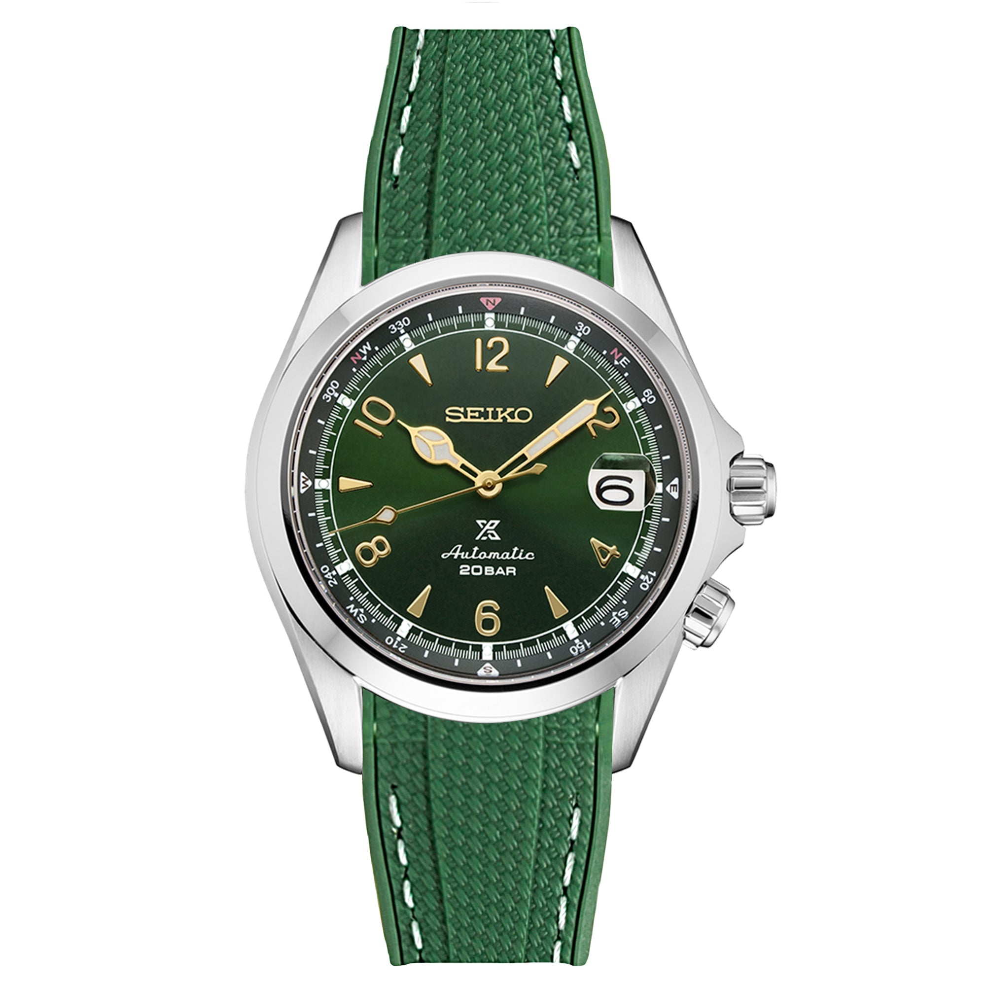 Stunning Textured Curved End Rubber Watch Band for Seiko Alpinist - Black with Green Stitch (2405)