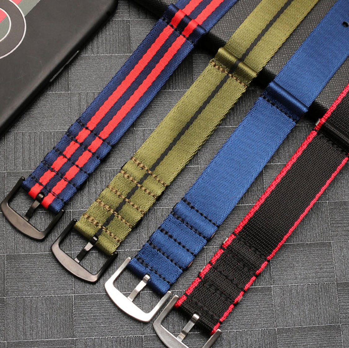 Ballistic Nylon Seatbelt Watch Band - Stylish Grey with Red Stripe