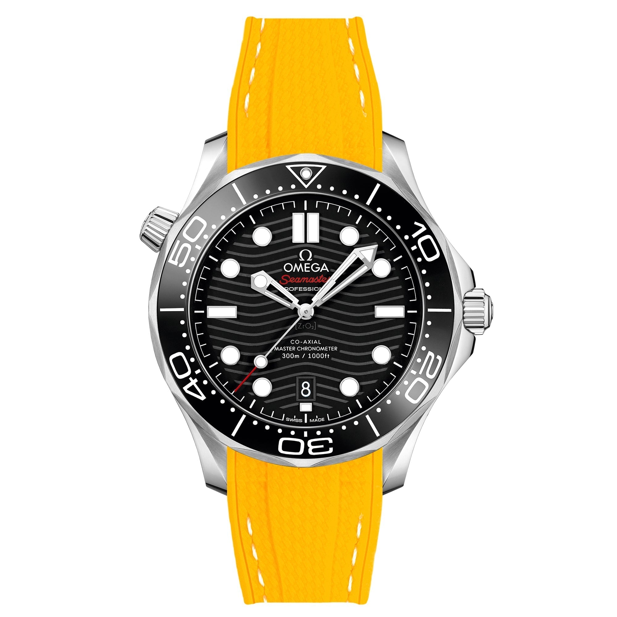 Stunning Orange Textured Curved End Rubber Watch Strap with White Stitch for Omega Seamaster Diver 300M (2405)