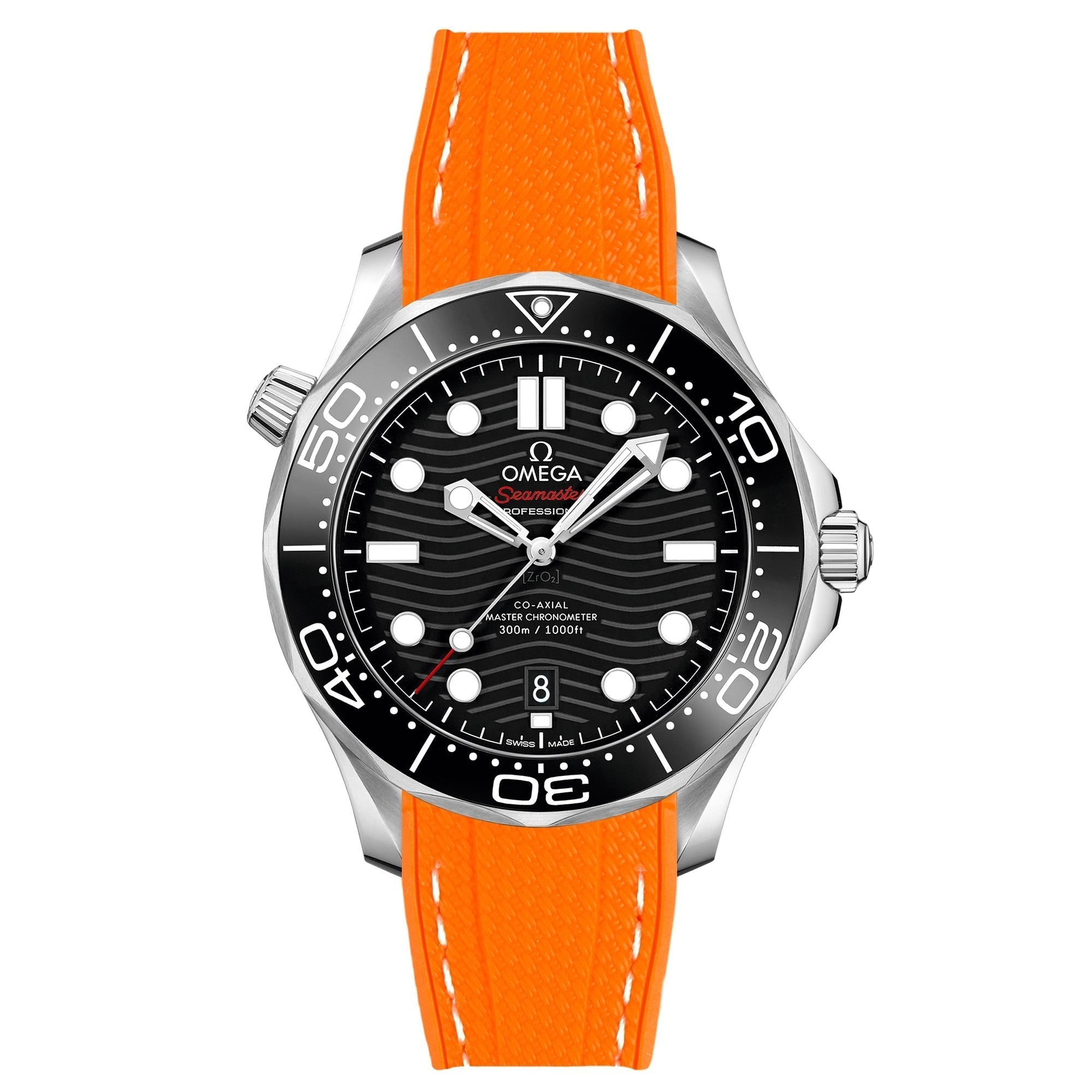 Stunning Orange Textured Curved End Rubber Watch Strap with White Stitch for Omega Seamaster Diver 300M (2405)