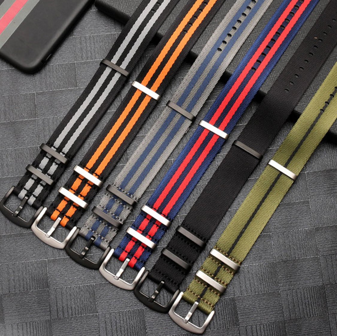 Ballistic Nylon Seatbelt Watch Band - Stylish Grey with Red Stripe