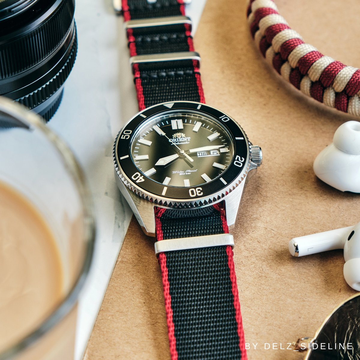 Ballistic Nylon Seatbelt Watch Band - Stylish Grey with Red Stripe