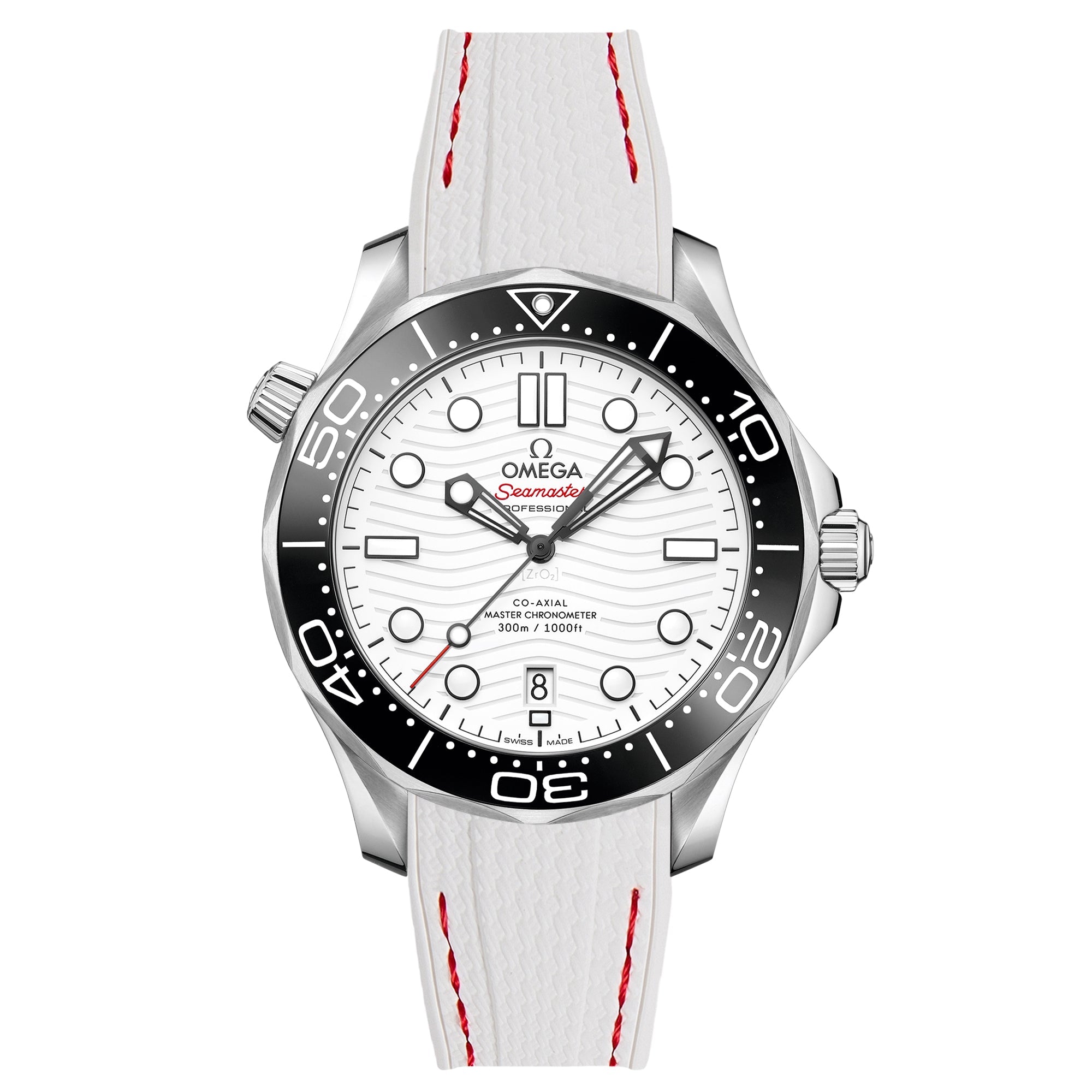 Stunning Orange Textured Curved End Rubber Watch Strap with White Stitch for Omega Seamaster Diver 300M (2405)