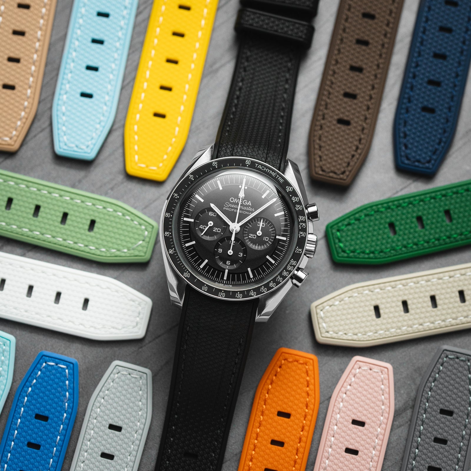 Stunning Textured Curved End Rubber Watch Band for Seiko Alpinist - Black with Green Stitch (2405)