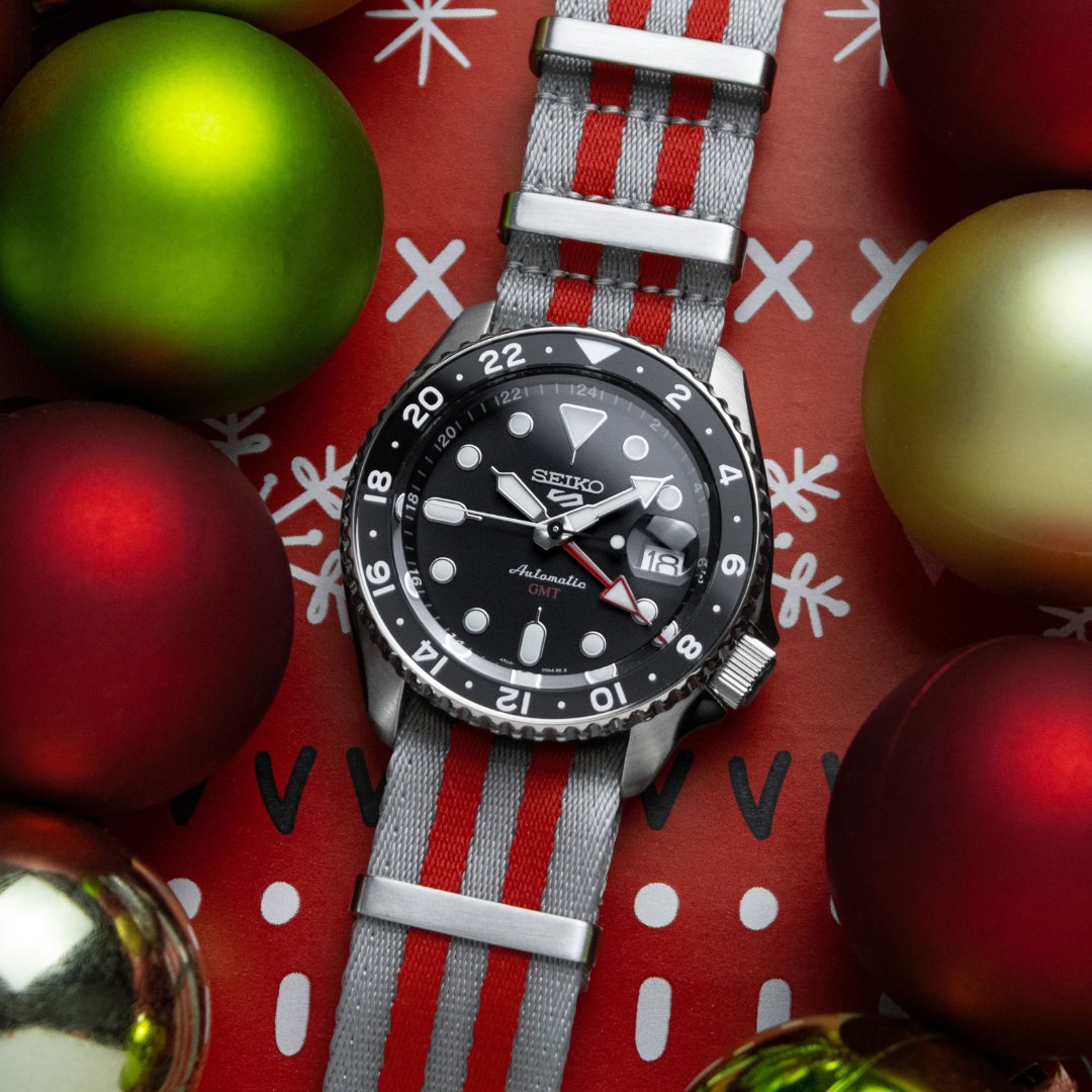 Ballistic Nylon Seatbelt Watch Band - Stylish Grey with Red Stripe
