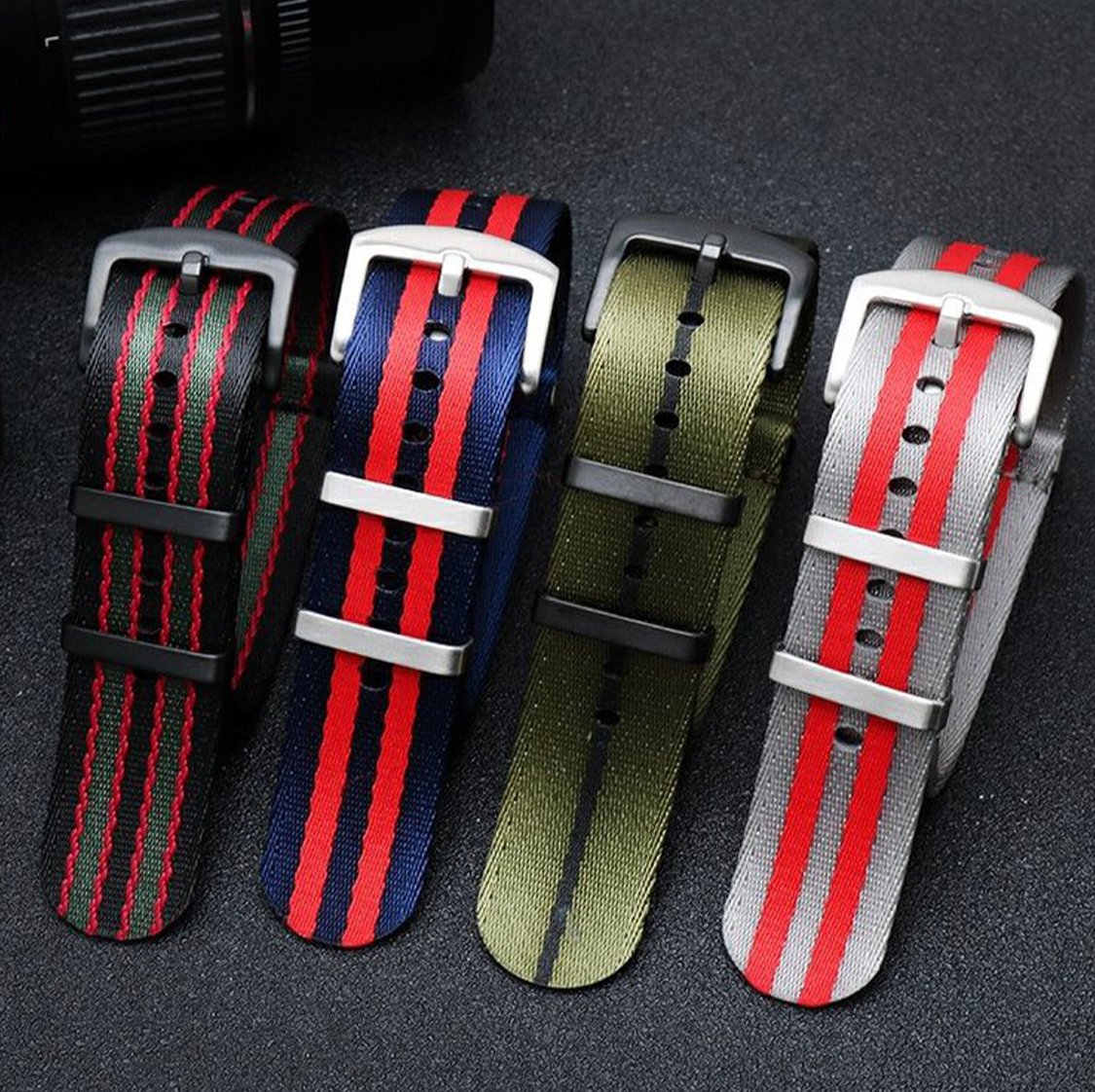 Ballistic Nylon Seatbelt Watch Band - Stylish Grey with Red Stripe