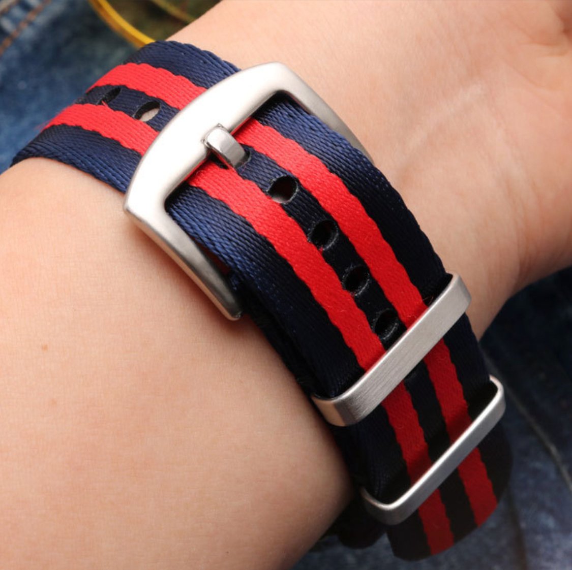 Ballistic Nylon Seatbelt Watch Band - Stylish Grey with Red Stripe