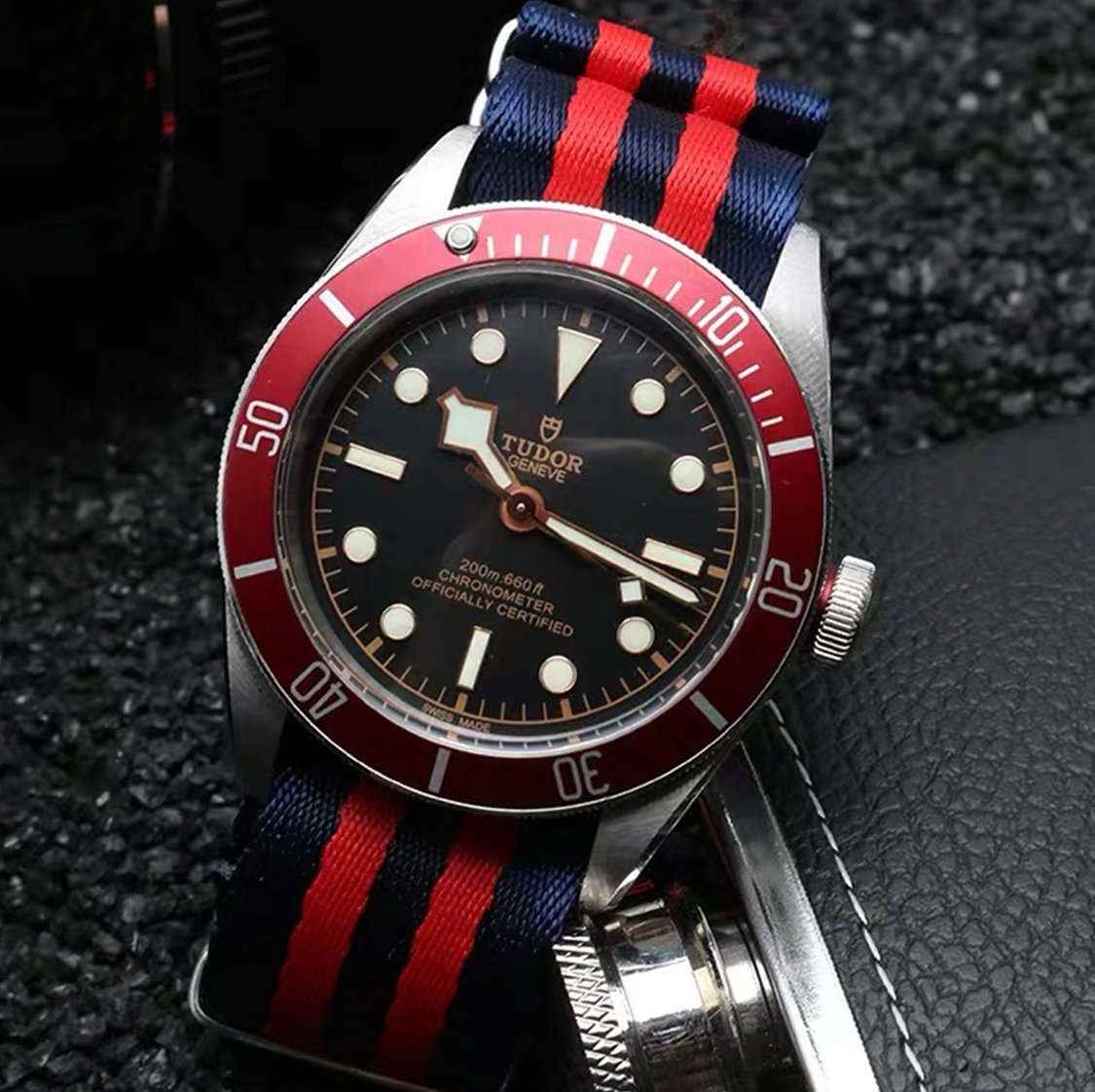 Ballistic Nylon Seatbelt Watch Band - Stylish Grey with Red Stripe