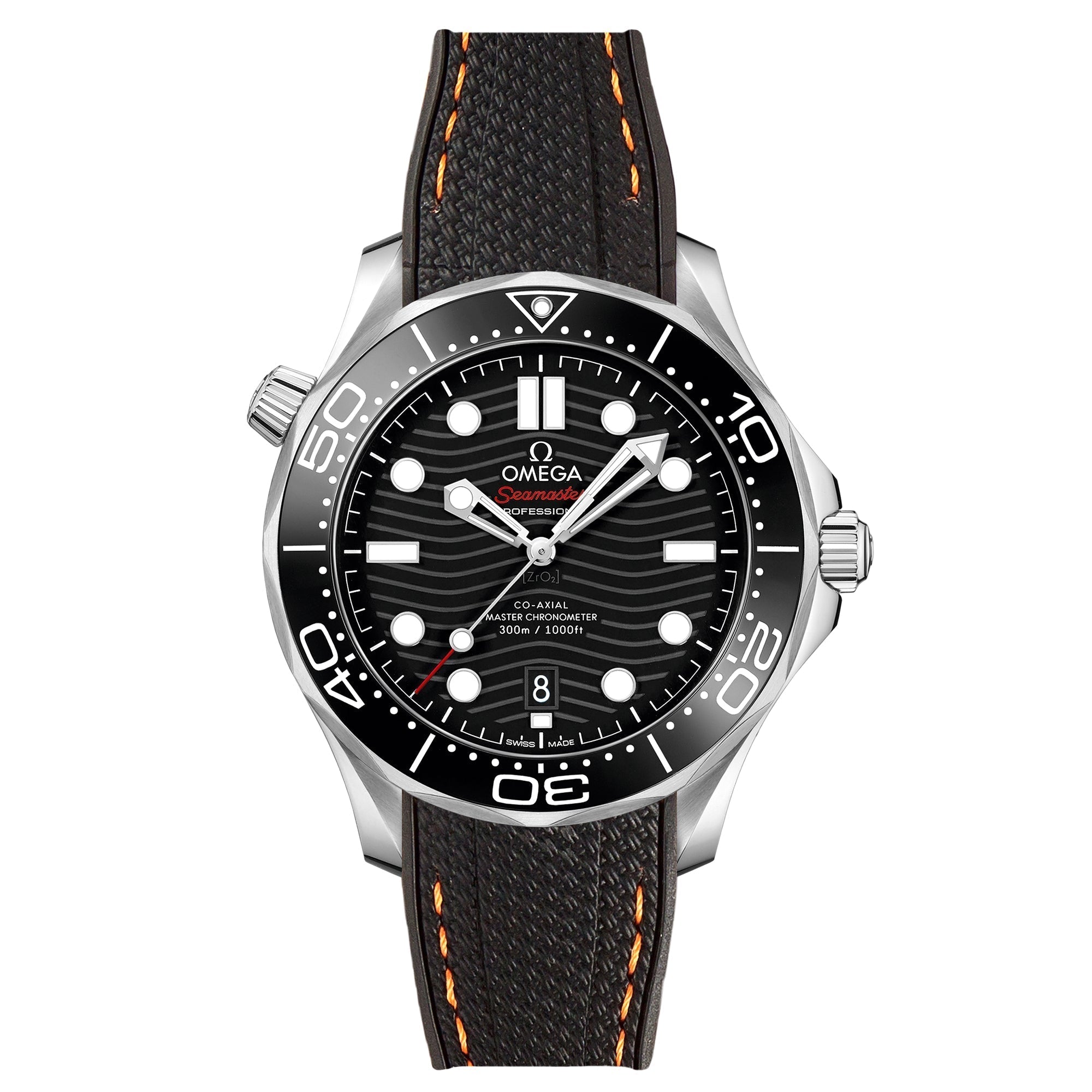 Stunning Orange Textured Curved End Rubber Watch Strap with White Stitch for Omega Seamaster Diver 300M (2405)
