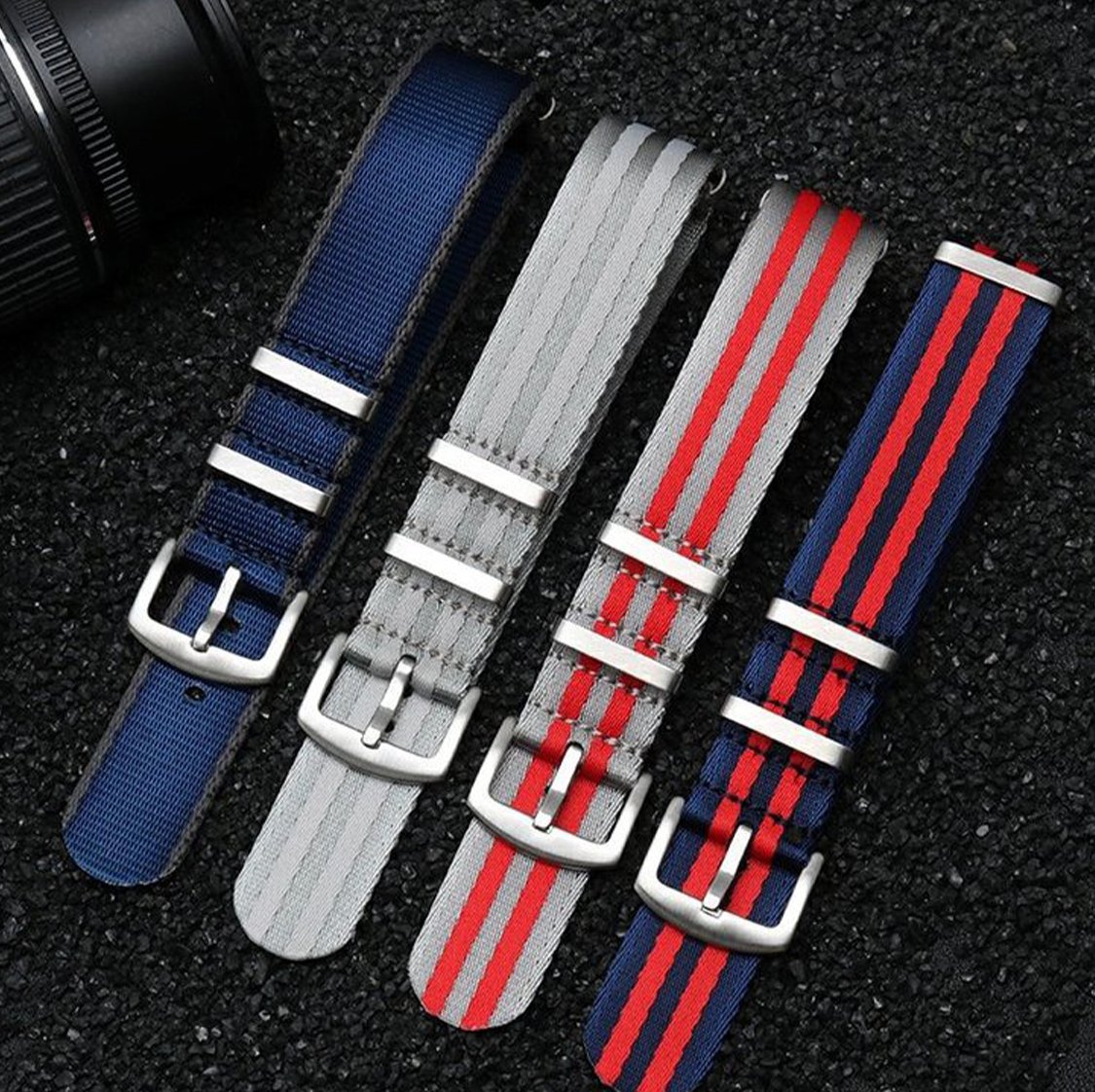 Ballistic Nylon Seatbelt Watch Band - Stylish Grey with Red Stripe