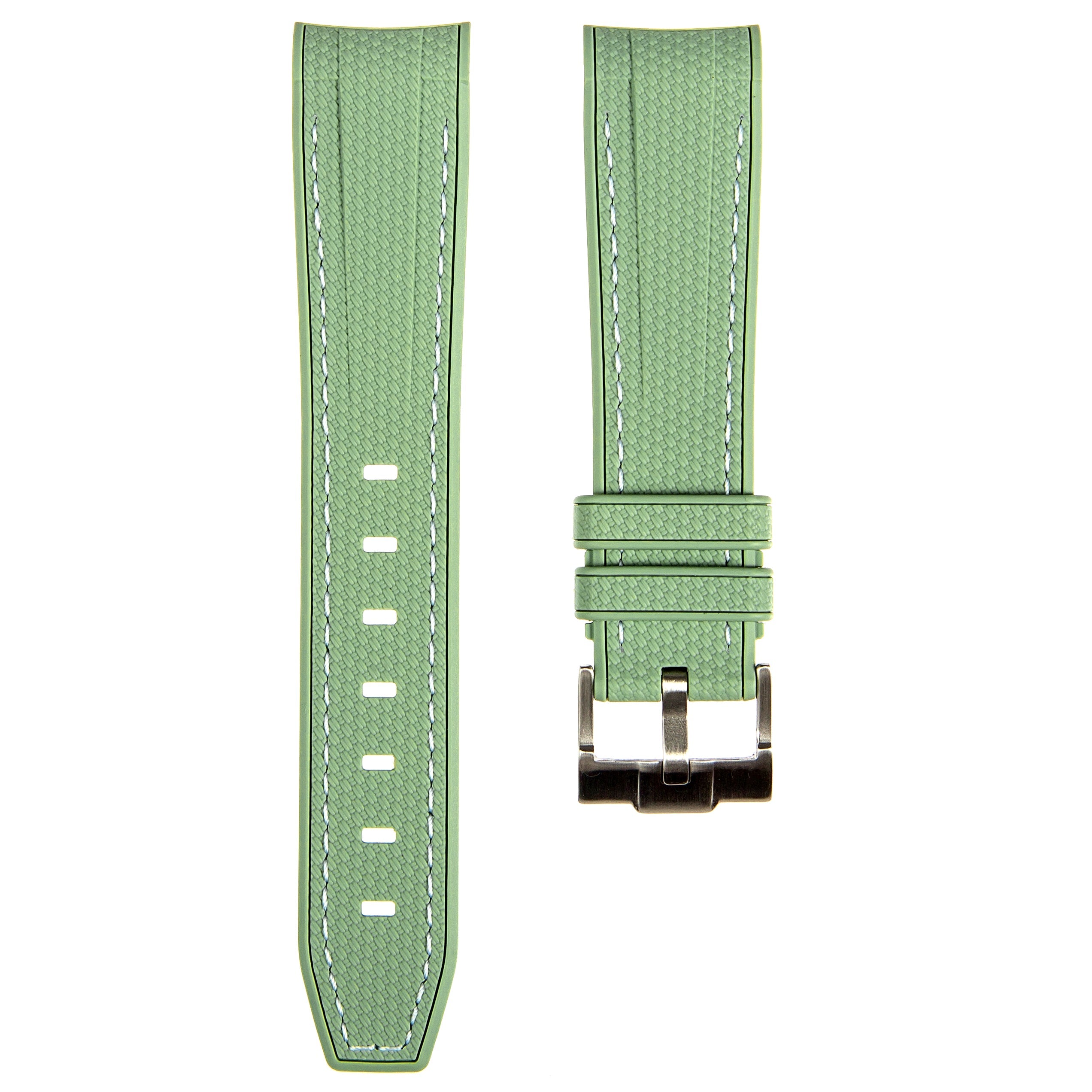 Stunning Textured Curved End Rubber Watch Band for Seiko Alpinist - Black with Green Stitch (2405)