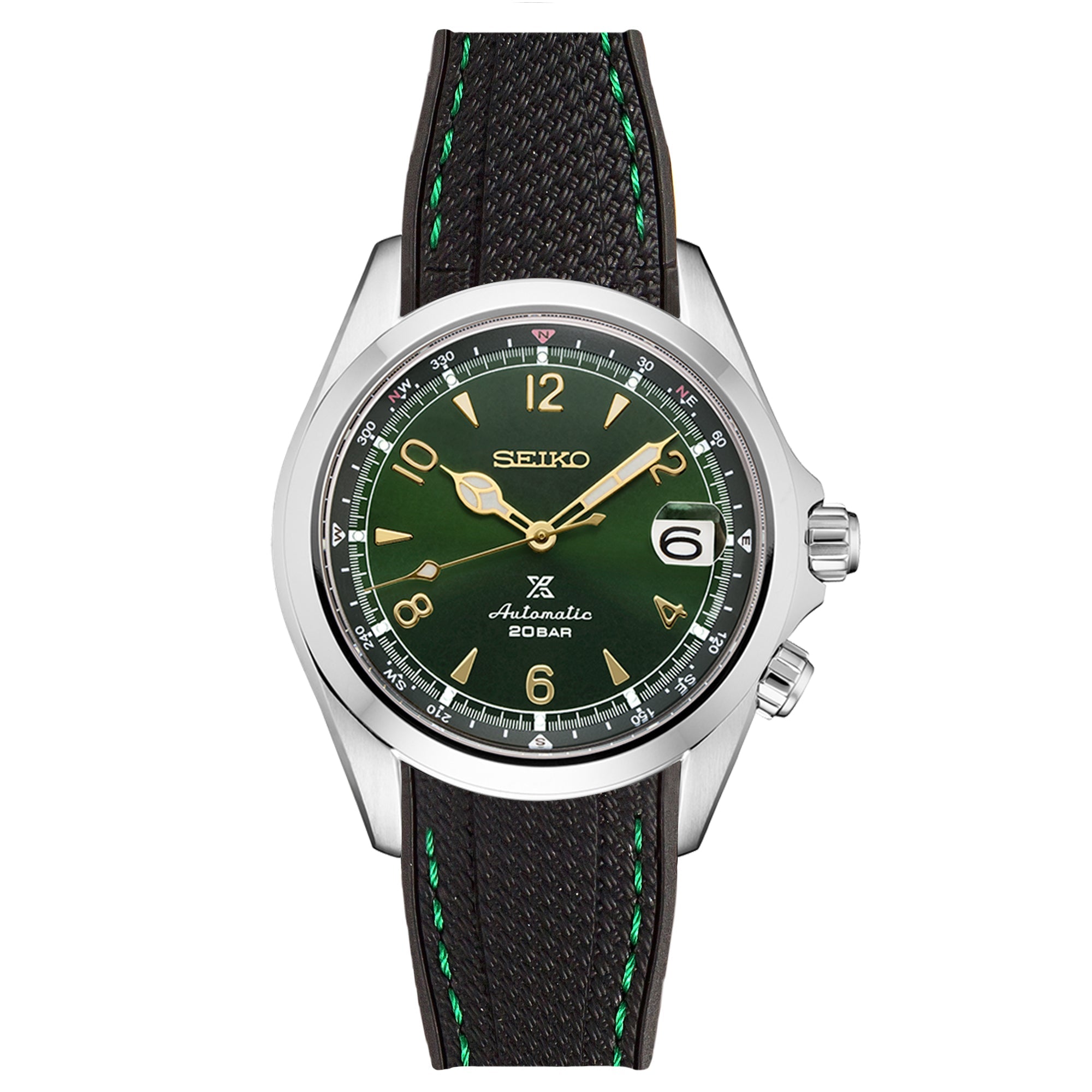 Stunning Textured Curved End Rubber Watch Band for Seiko Alpinist - Black with Green Stitch (2405)