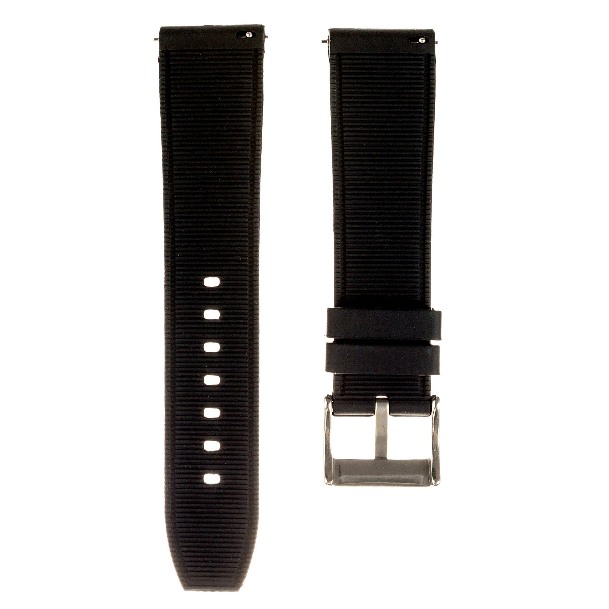 Perforated Stitched Rubber Watch Strap - Quick-Release - Stylish Black with White Stitch (2401)
