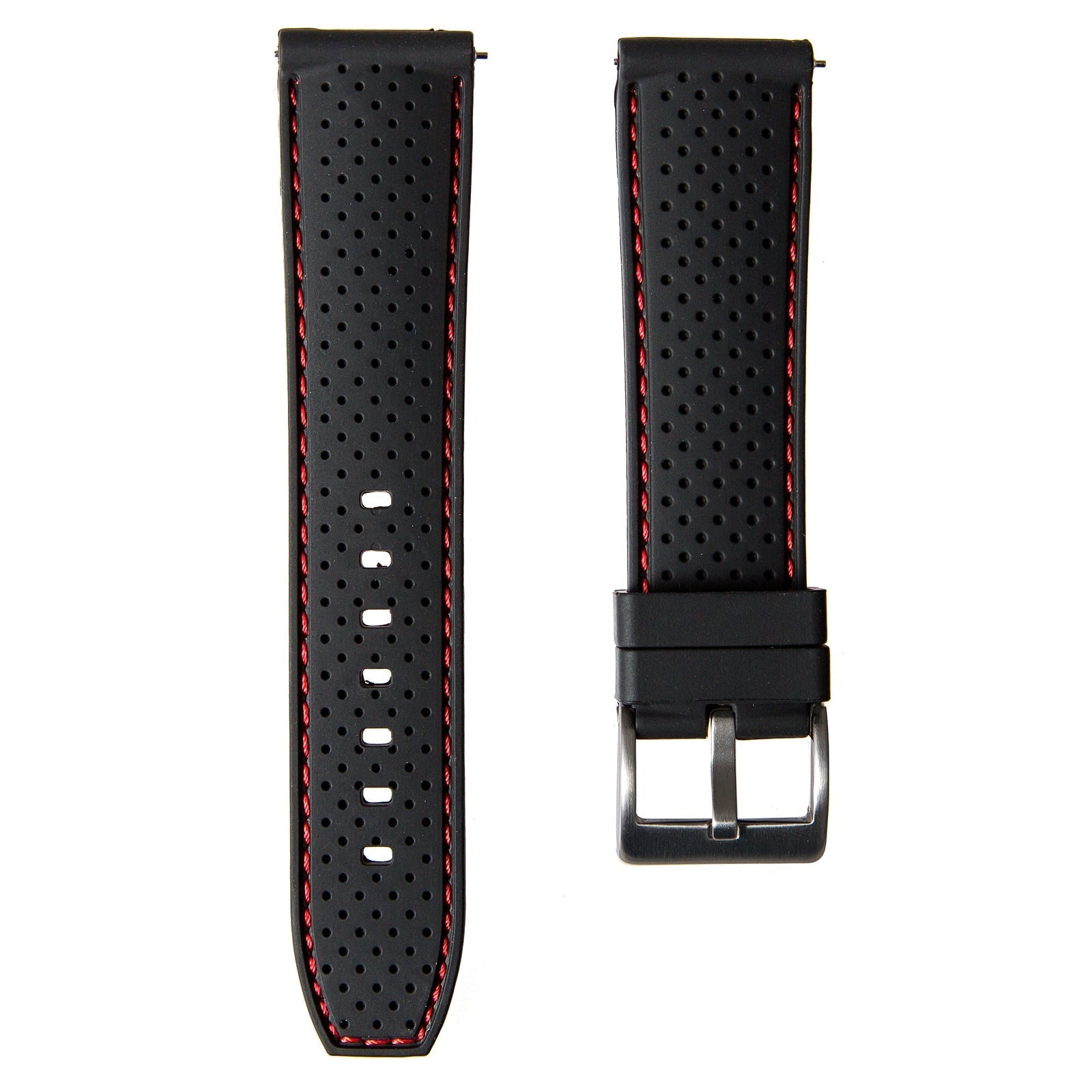 Perforated Stitched Rubber Watch Strap - Quick-Release - Stylish Black with White Stitch (2401)