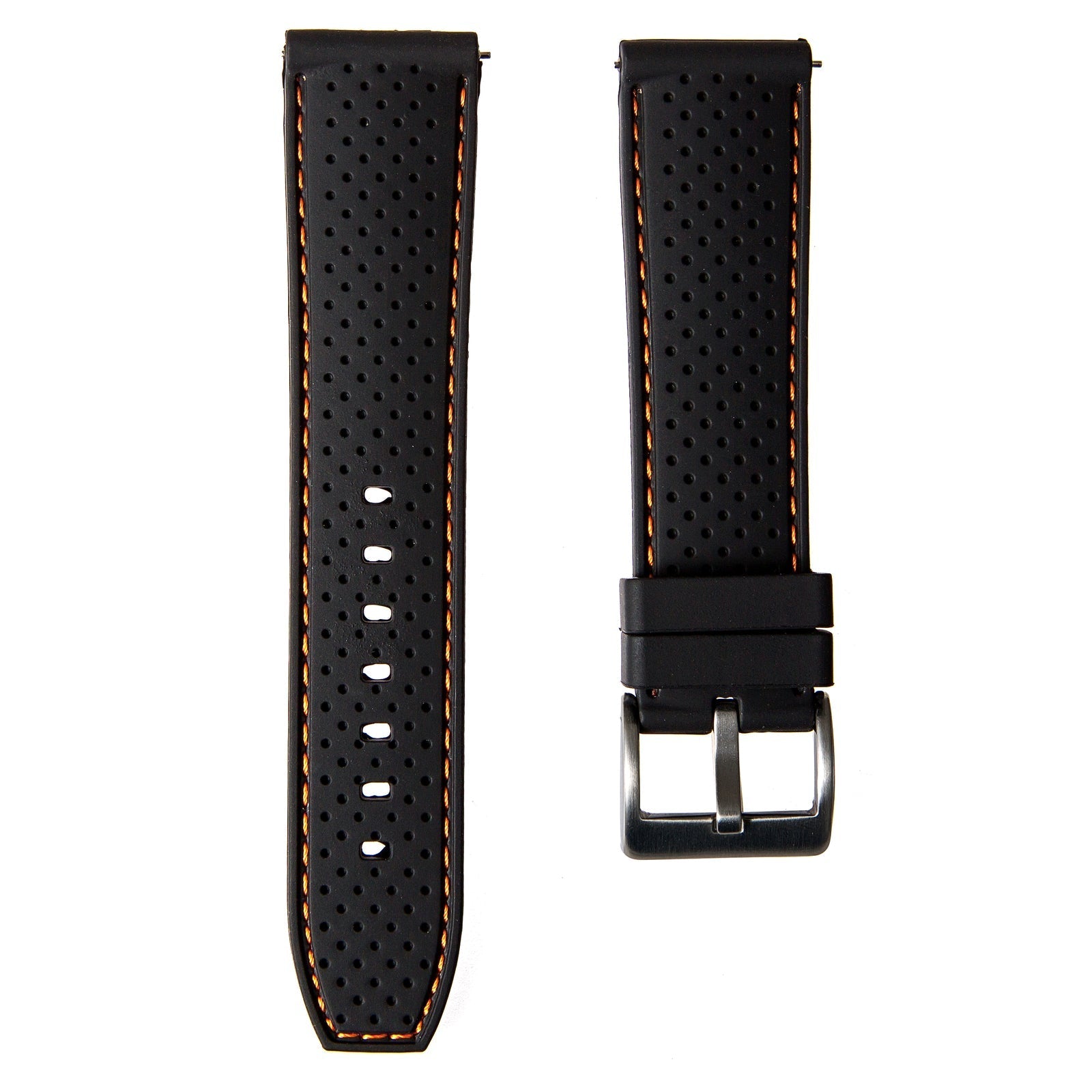 Perforated Stitched Rubber Watch Strap - Quick-Release - Stylish Black with White Stitch (2401)