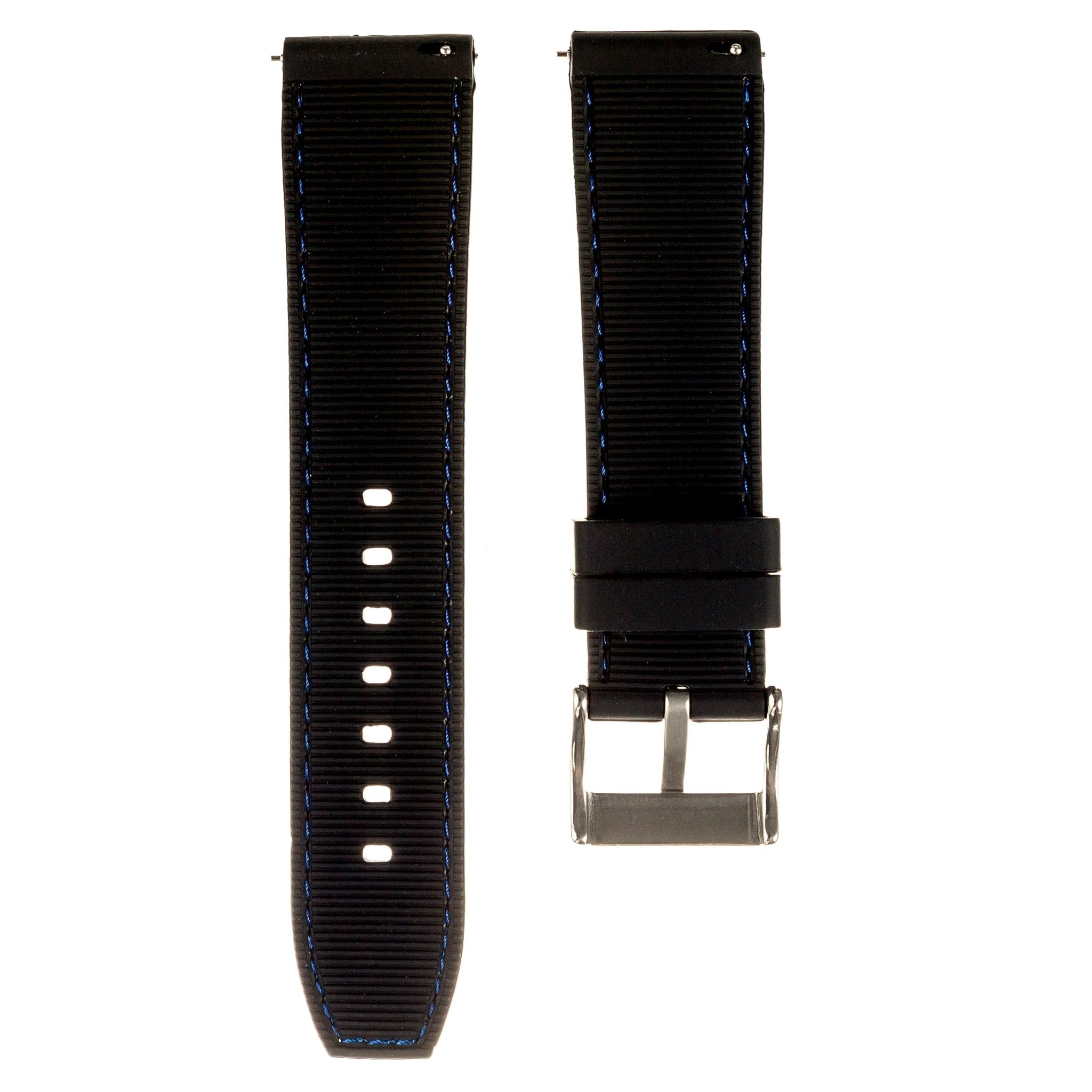 Perforated Stitched Rubber Watch Strap - Quick-Release - Stylish Black with White Stitch (2401)
