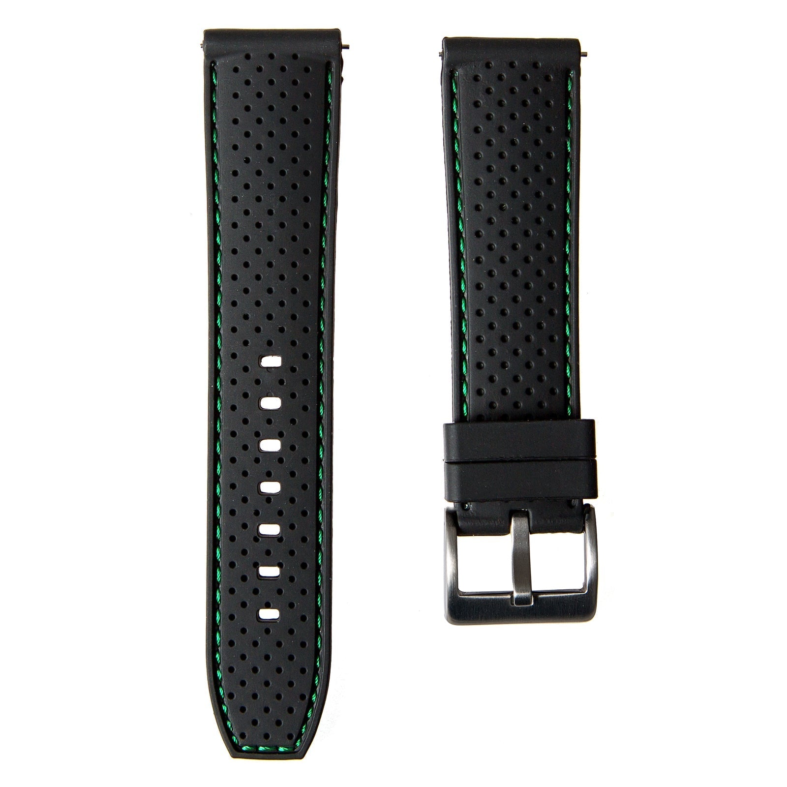 Perforated Stitched Rubber Watch Strap - Quick-Release - Stylish Black with White Stitch (2401)