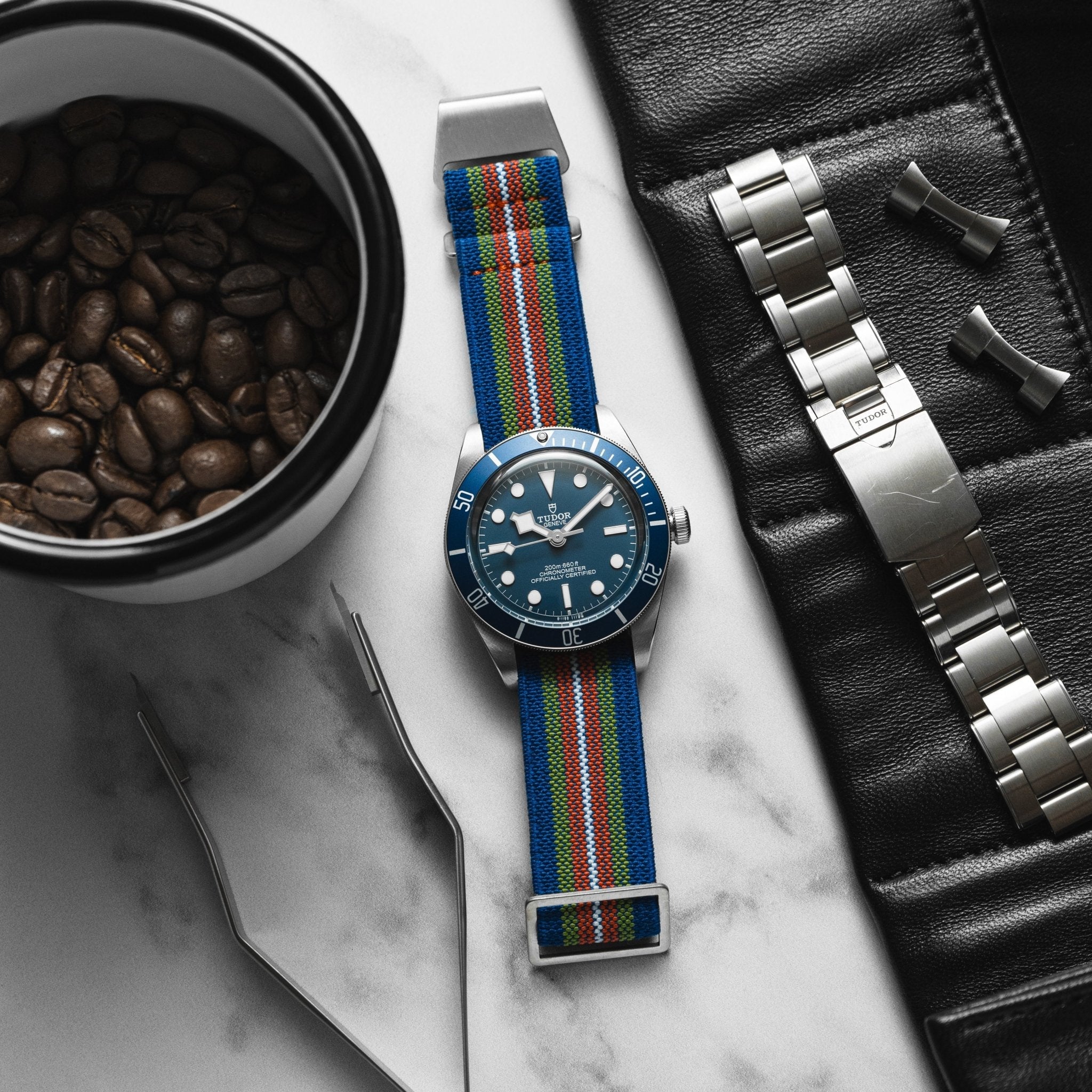 Marine Nationale Parachute Elastic Loop Strap - Blue / Green / Red / White (2417) - A Vintage-Inspired Watch Essential