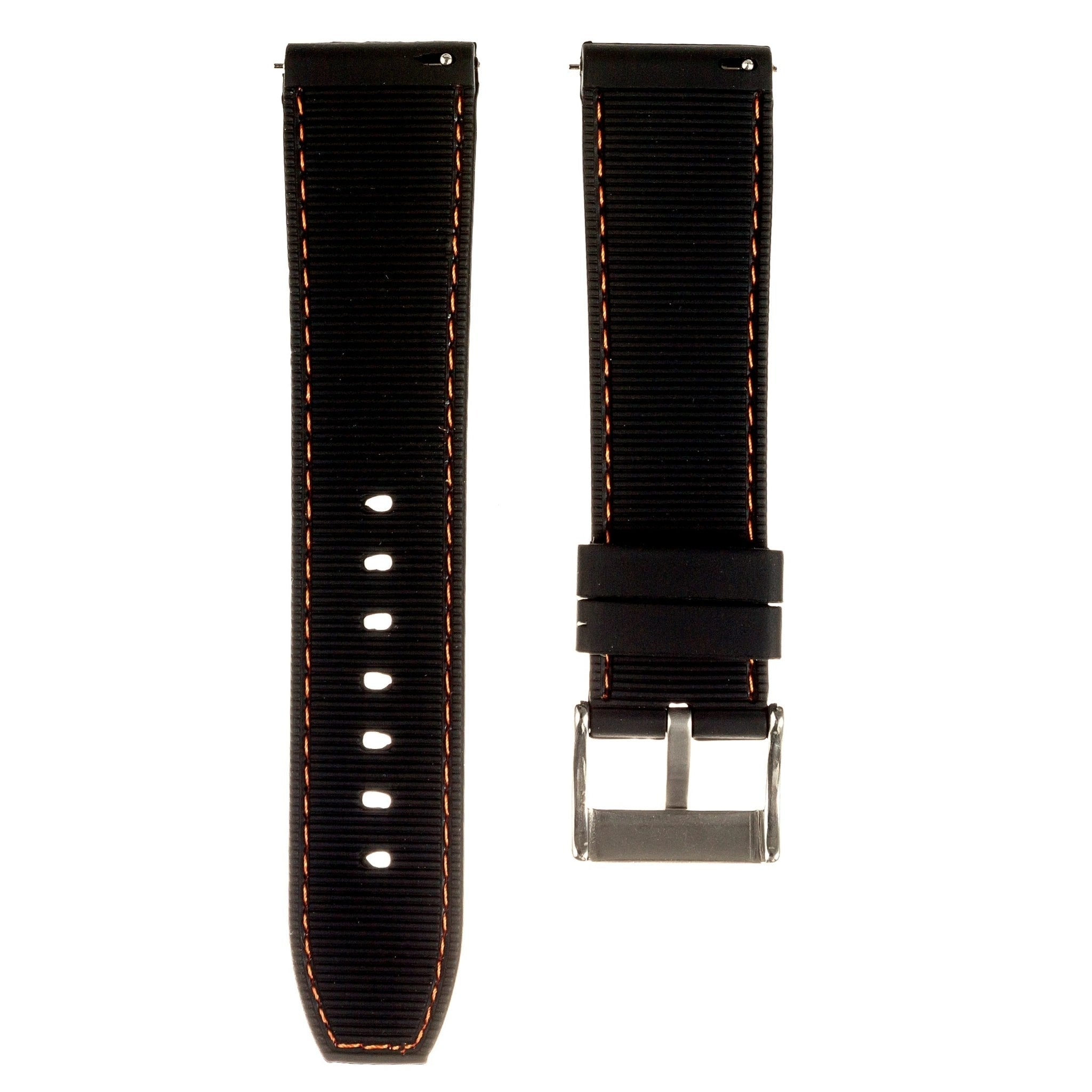 Perforated Stitched Rubber Watch Strap - Quick-Release - Stylish Black with White Stitch (2401)