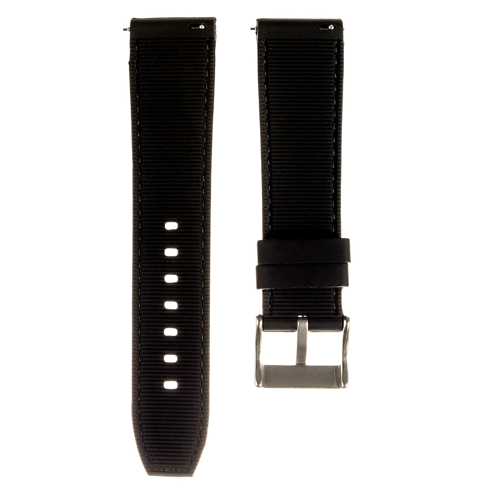 Perforated Stitched Rubber Watch Strap - Quick-Release - Stylish Black with White Stitch (2401)