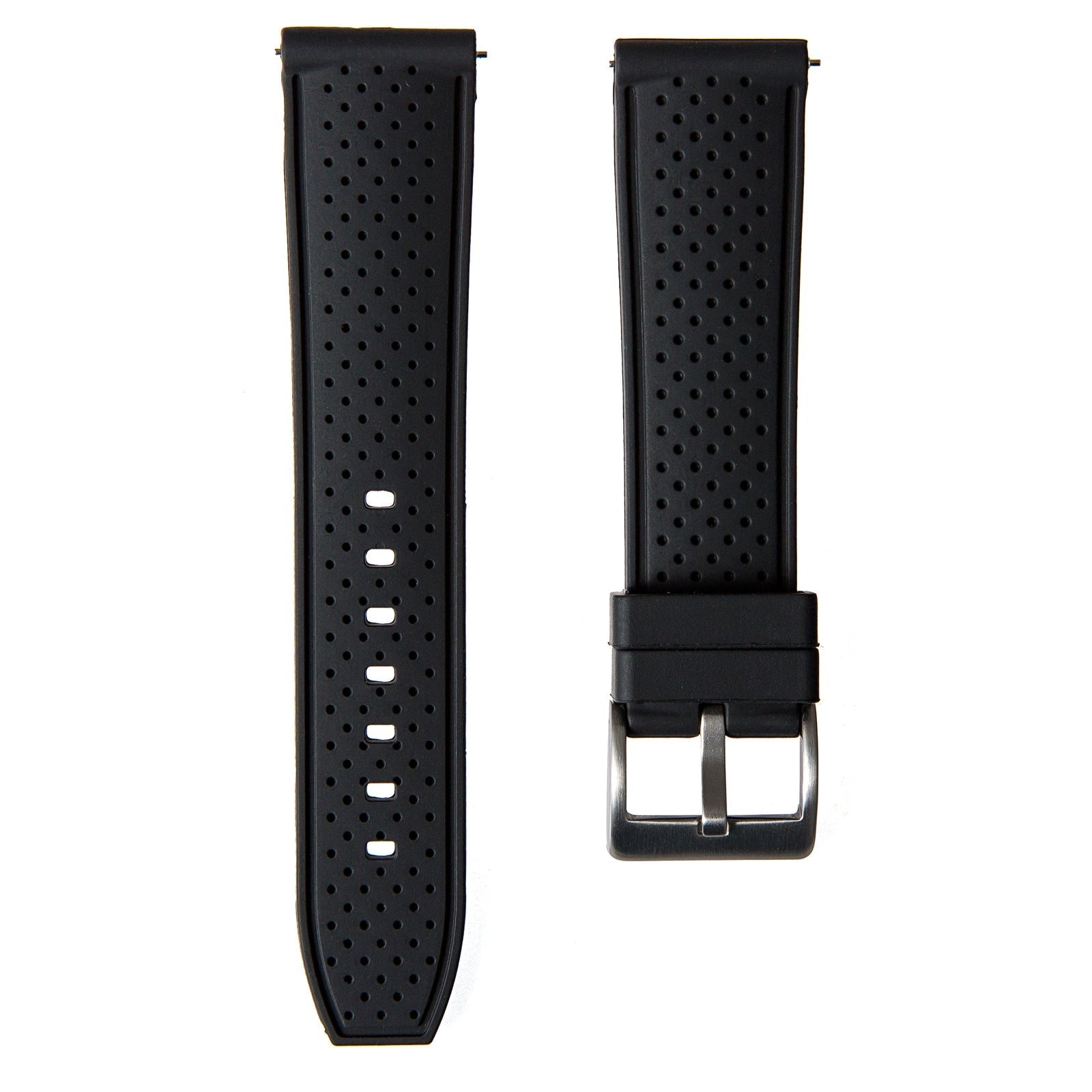 Perforated Stitched Rubber Watch Strap - Quick-Release - Stylish Black with White Stitch (2401)