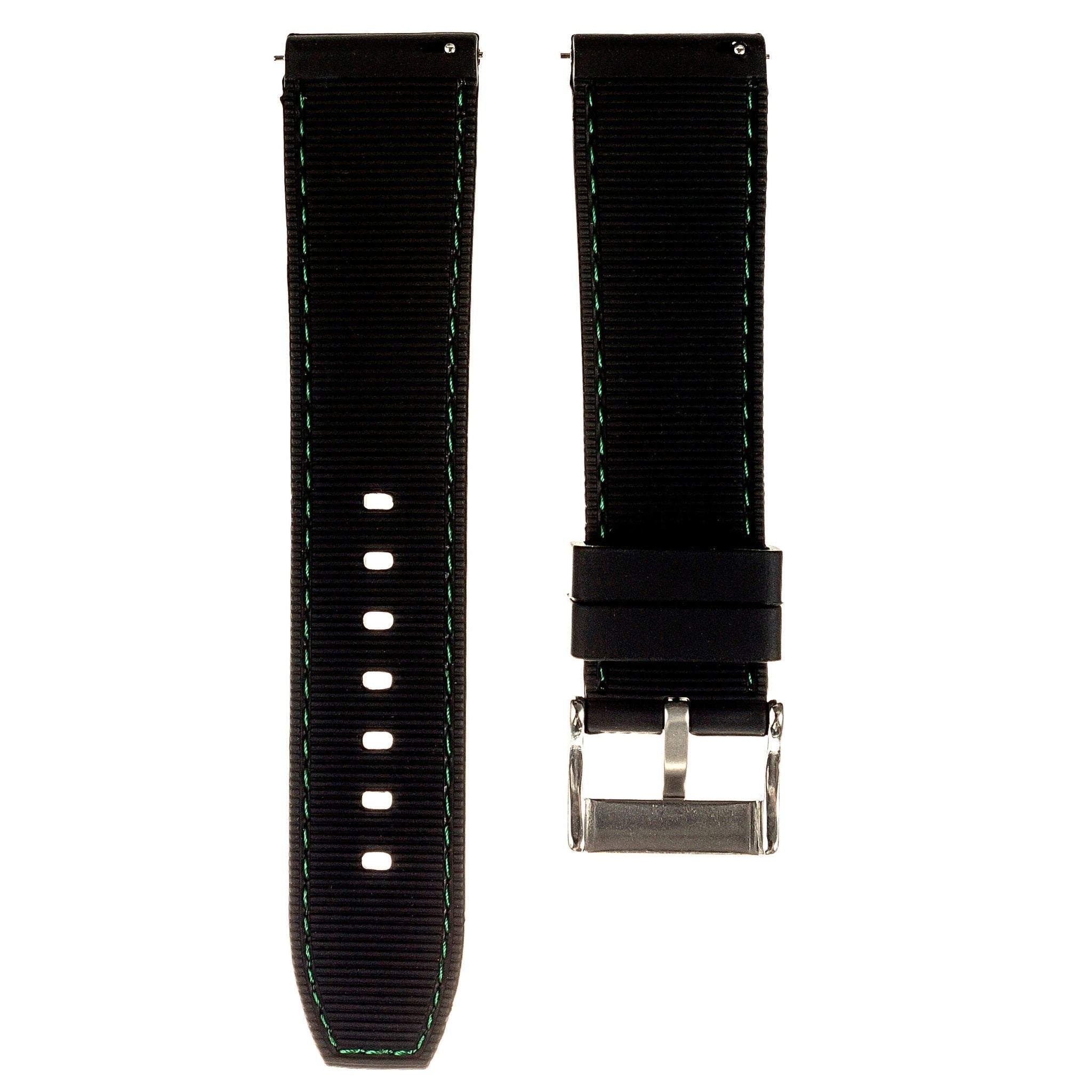 Perforated Stitched Rubber Watch Strap - Quick-Release - Stylish Black with White Stitch (2401)