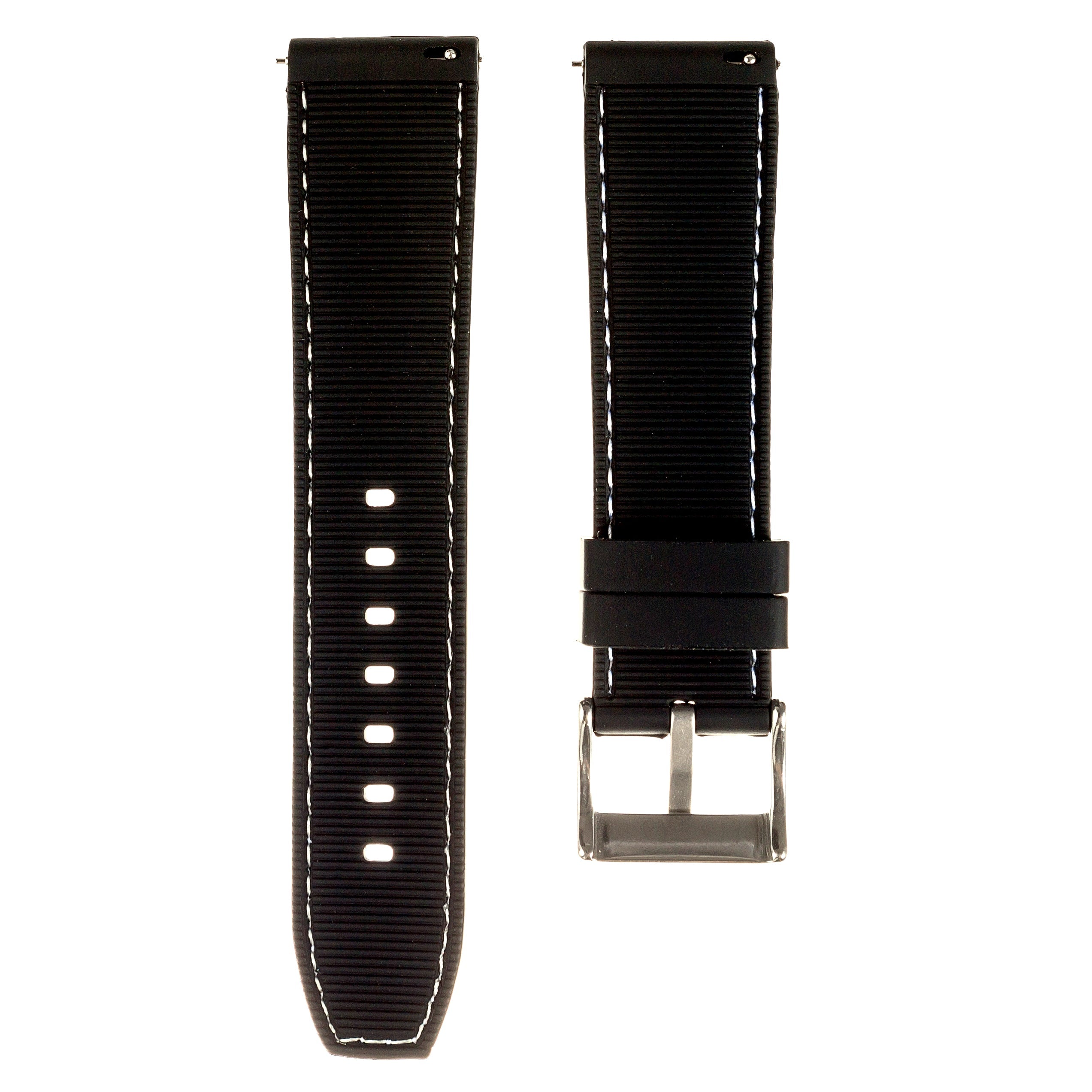 Perforated Stitched Rubber Watch Strap - Quick-Release - Stylish Black with White Stitch (2401)