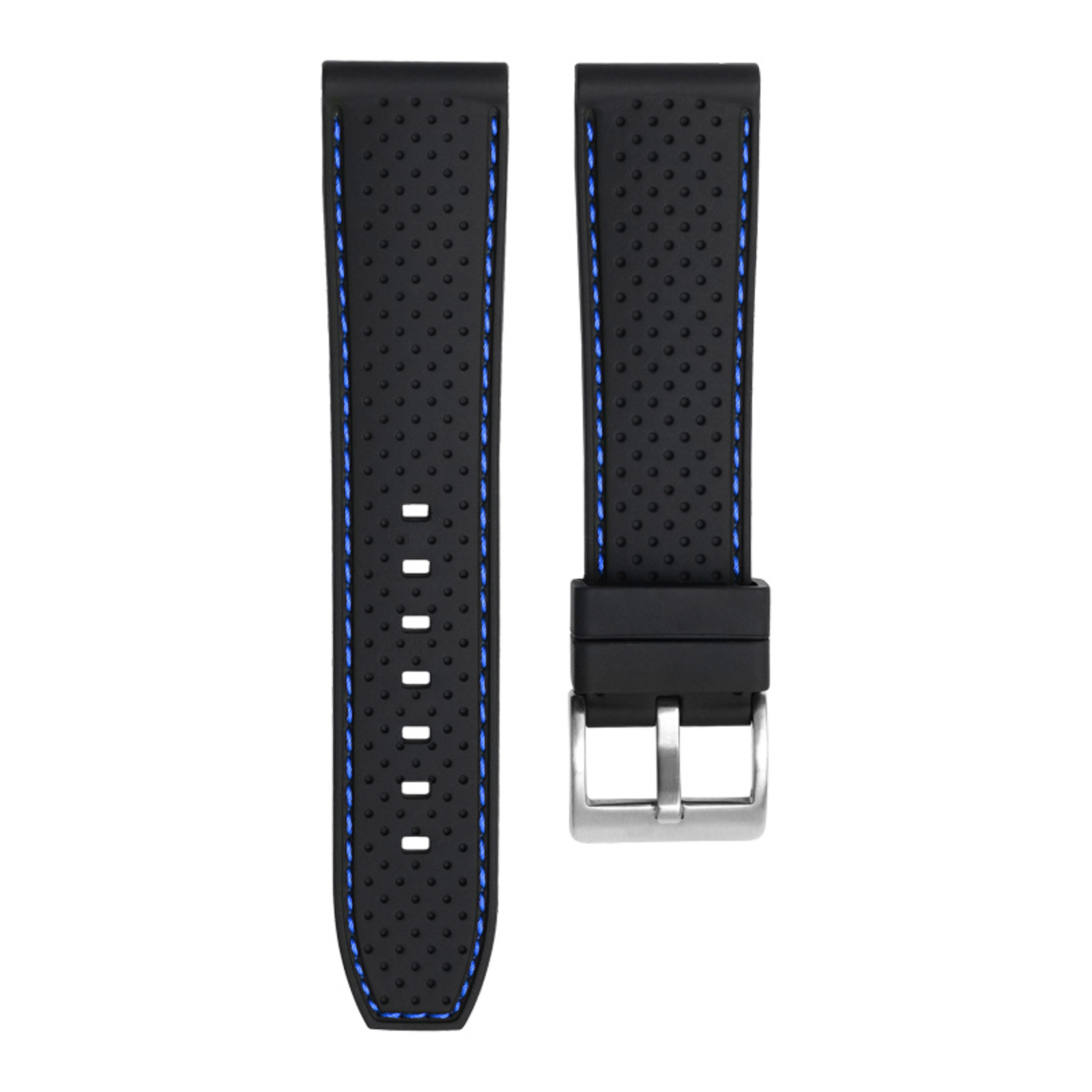 Perforated Stitched Rubber Watch Strap - Quick-Release - Stylish Black with White Stitch (2401)