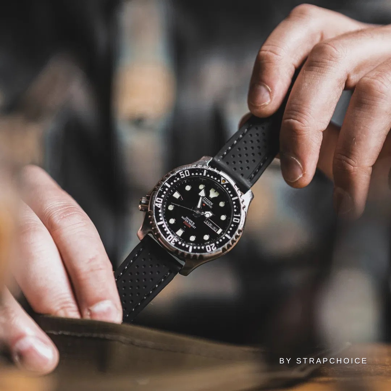 Perforated Stitched Rubber Watch Strap - Quick-Release - Stylish Black with White Stitch (2401)