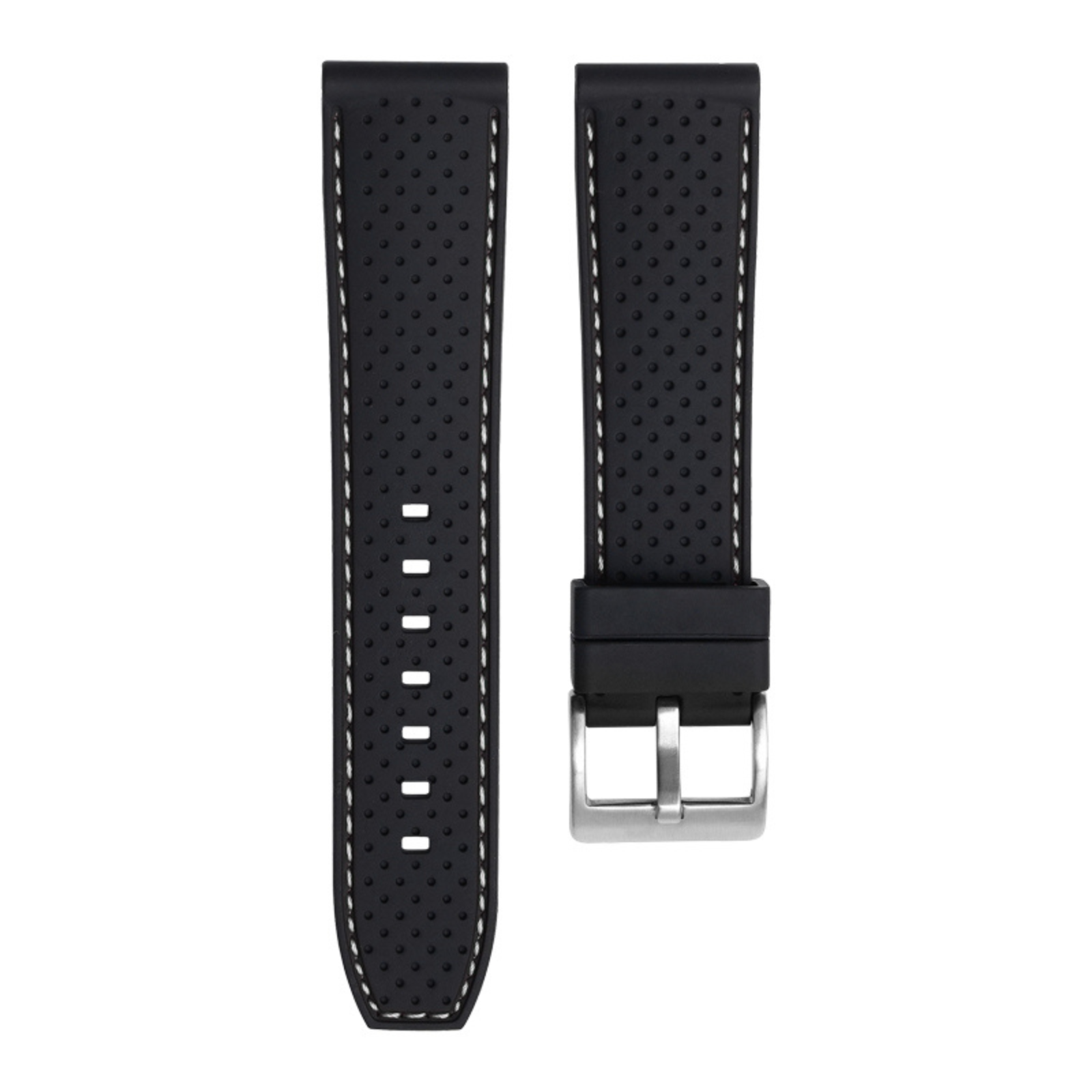 Perforated Stitched Rubber Watch Strap - Quick-Release - Stylish Black with White Stitch (2401)