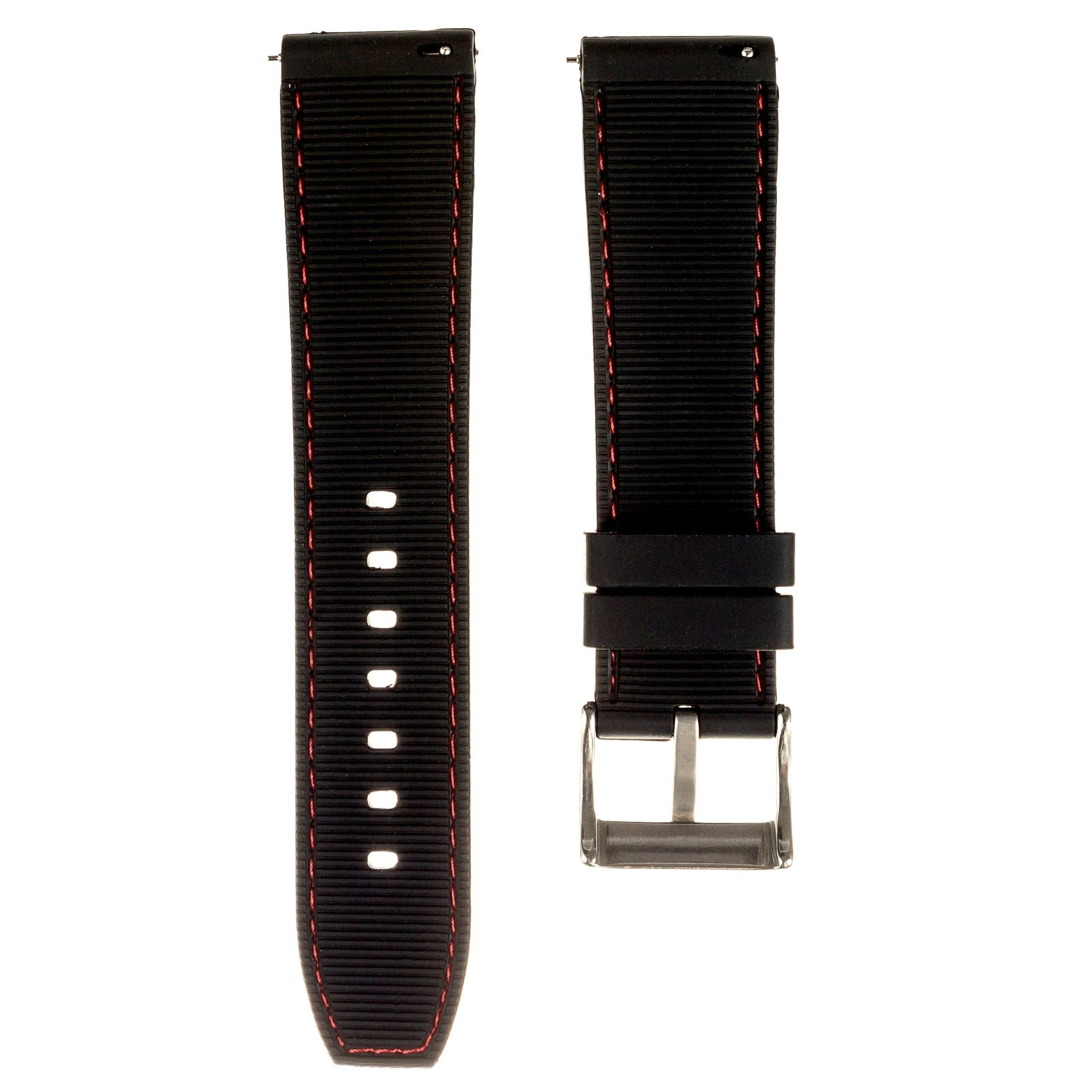 Perforated Stitched Rubber Watch Strap - Quick-Release - Stylish Black with White Stitch (2401)