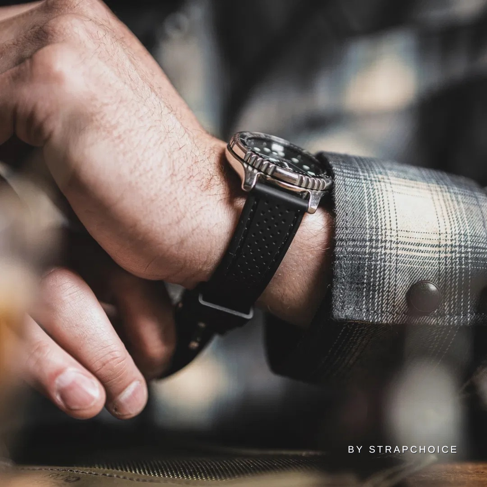 Perforated Stitched Rubber Watch Strap - Quick-Release - Stylish Black with White Stitch (2401)